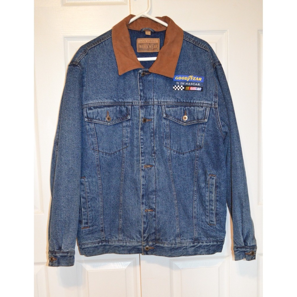 Vtg Swingster Denim Trucker Jacket Mens L Flannel‎ Lined Goodyear #1 in Nascar